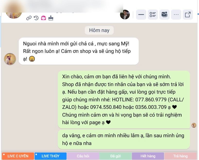 Khách hàng nói gì về Xóm Biển 12 Người nhà khách gửi chả cá, chả mực sang Mỹ.