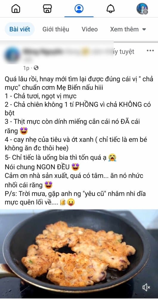 Khách hàng nói gì về Xóm Biển 4 Bài khen chả mực khách tự đăng trên Facebook, kèm ảnh chả vừa chiên.