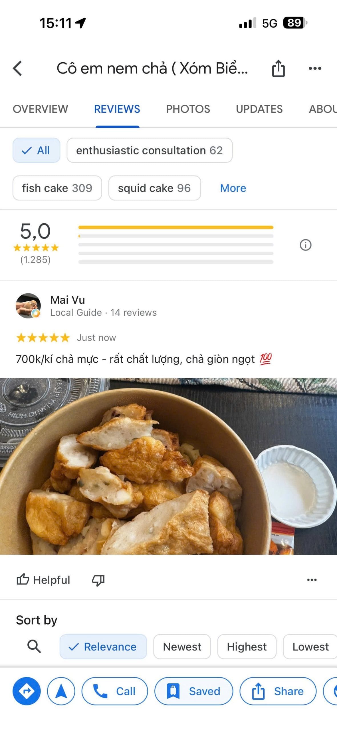 Đánh giá Google Maps 5 sao thật của khách hàng Xóm Biển